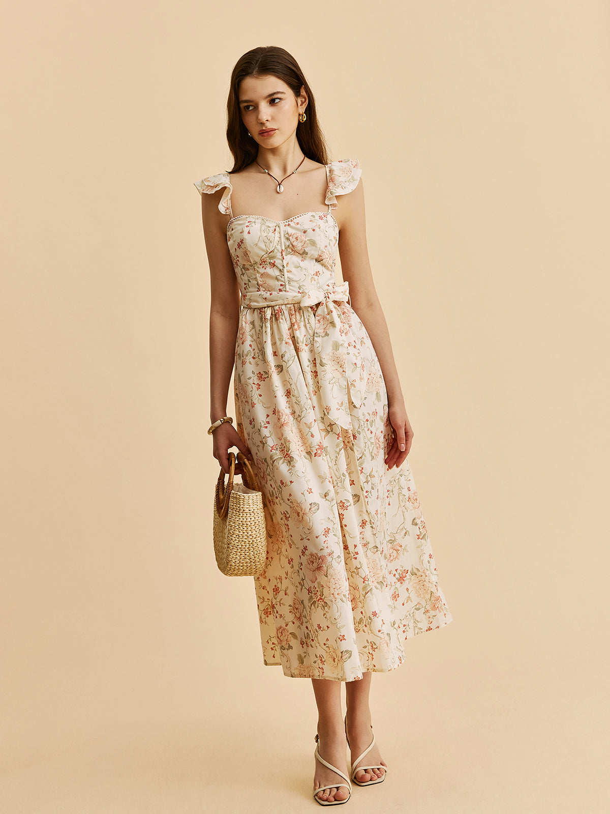 Ruffle Strap Tie-Waist Slit Floral Dress