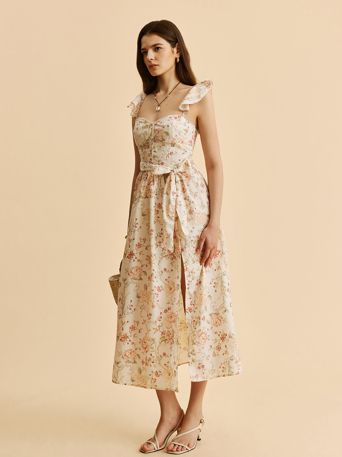 Ruffle Strap Tie-Waist Slit Floral Dress