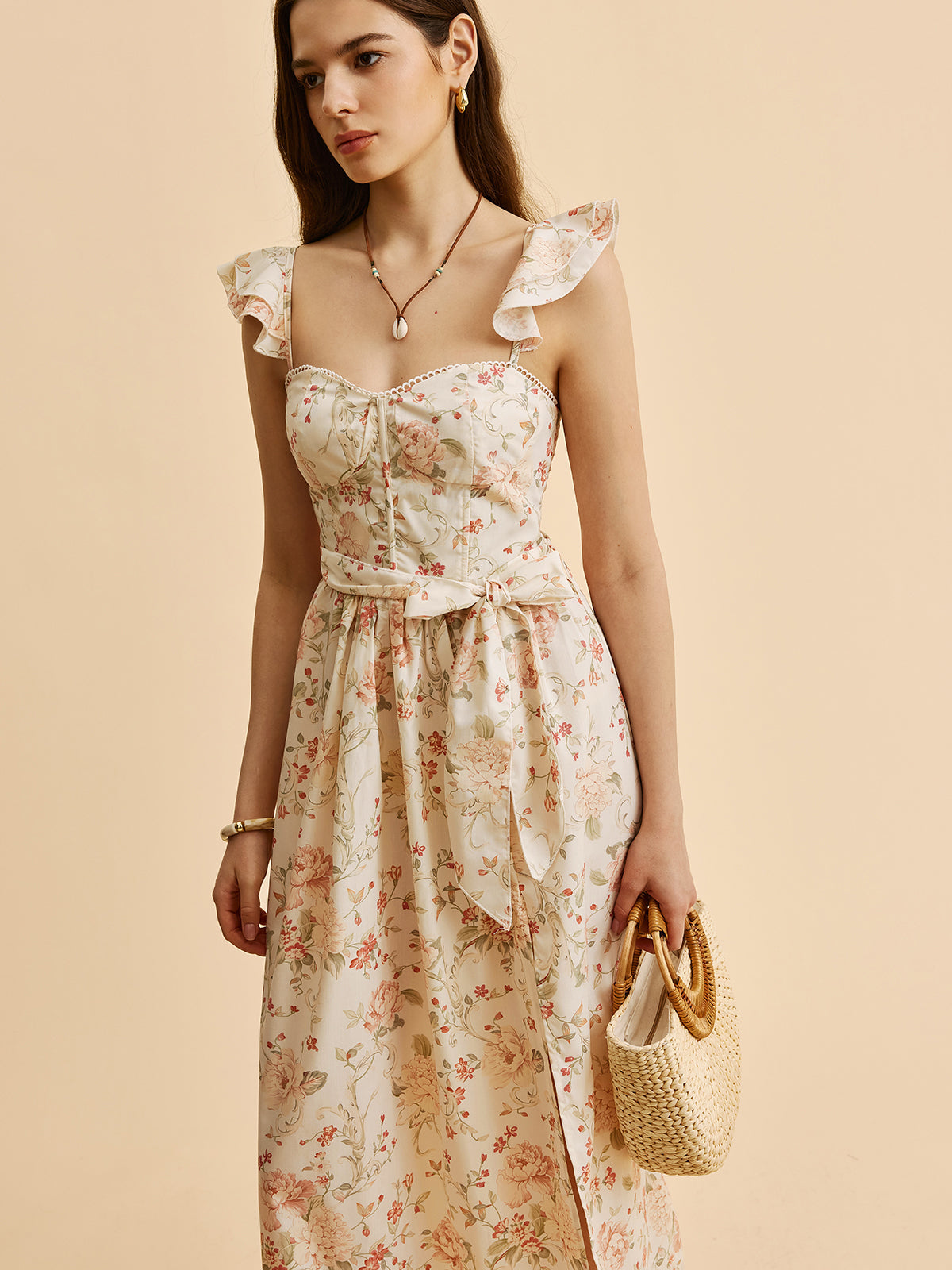 Ruffle Strap Tie-Waist Slit Floral Dress