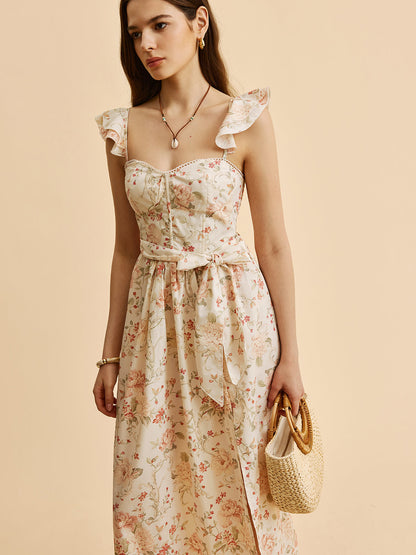 Ruffle Strap Tie-Waist Slit Floral Dress