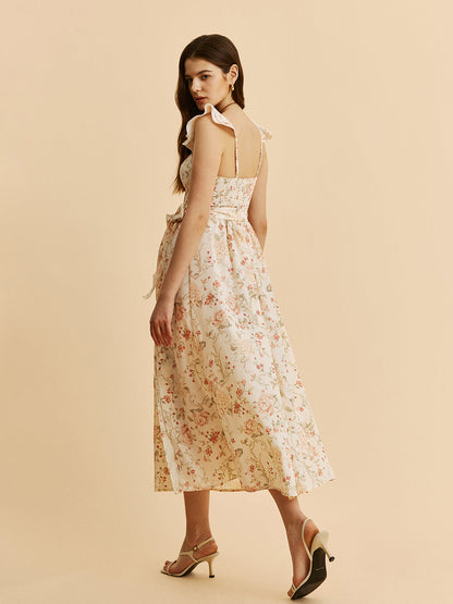 Ruffle Strap Tie-Waist Slit Floral Dress