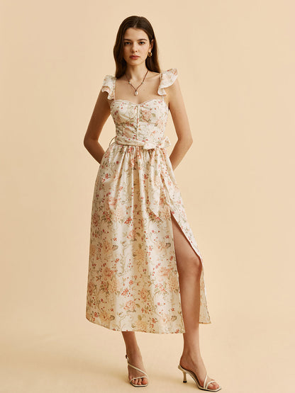 Ruffle Strap Tie-Waist Slit Floral Dress