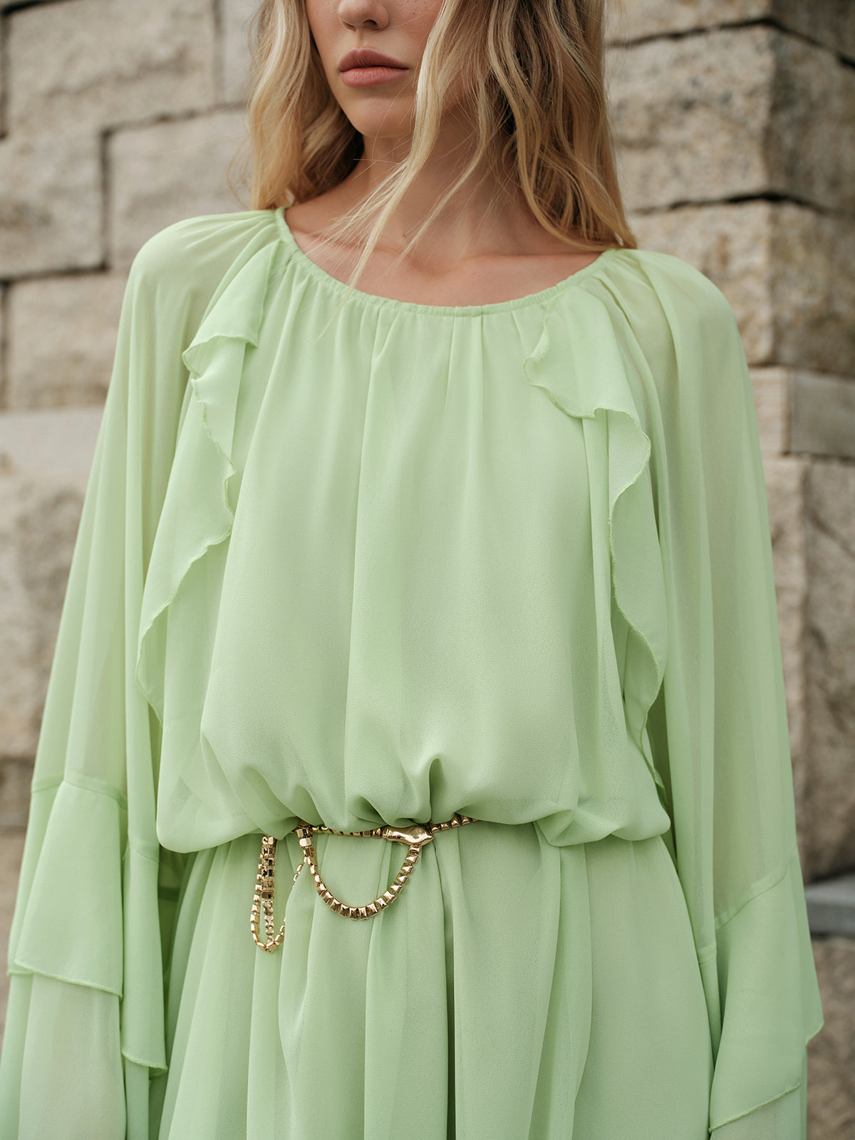 Ruffled Sleeve Chiffon Dress Without Belt