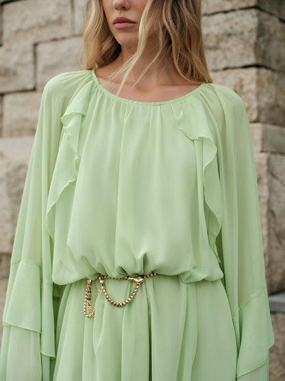 Ruffled Sleeve Chiffon Dress Without Belt