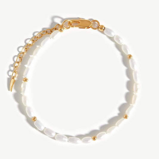 Natural Freshwater Rice Pearl Bracelet – 925 Silver, 18k Yellow Gold Plated
