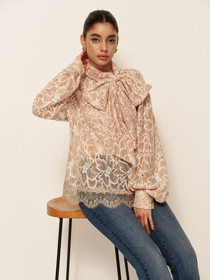 Semi-Sheer Bow-Front Lace Blouse