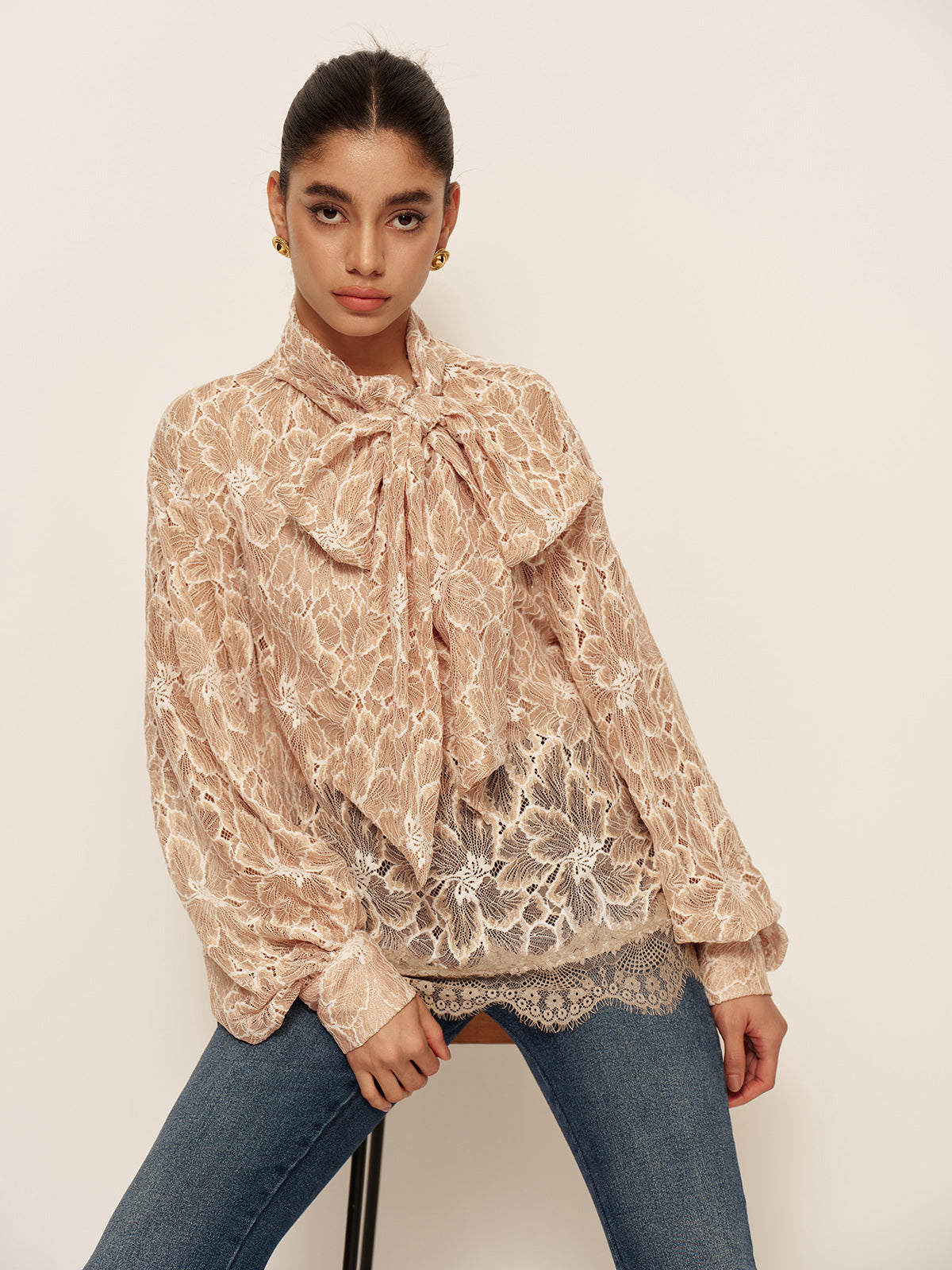 Semi-Sheer Bow-Front Lace Blouse