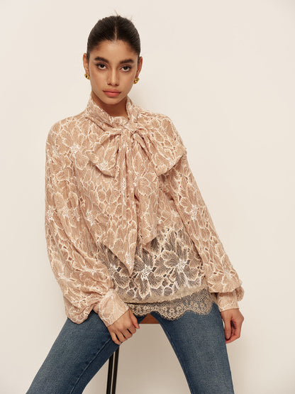 Semi-Sheer Bow-Front Lace Blouse