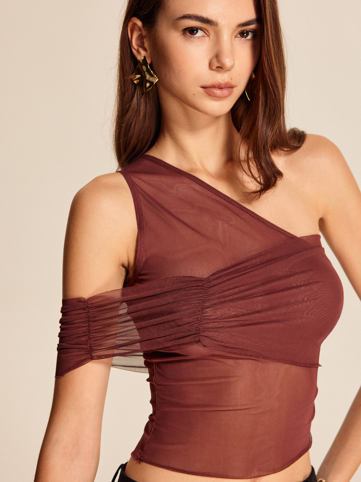 Semi-Sheer One-Shoulder Mesh Top