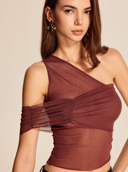 Semi-Sheer One-Shoulder Mesh Top