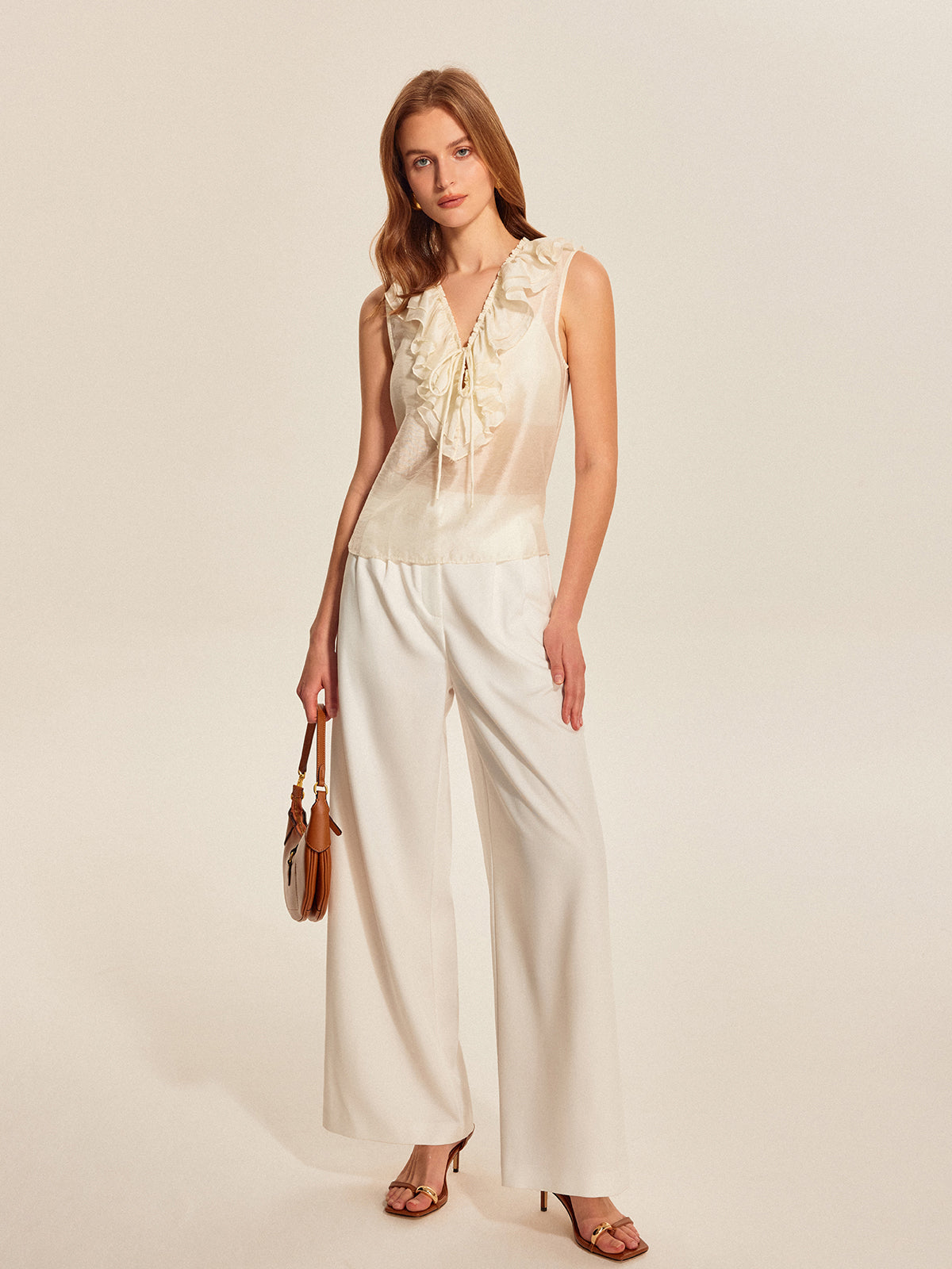 Semi-Sheer Ruffled Tie-Front Top