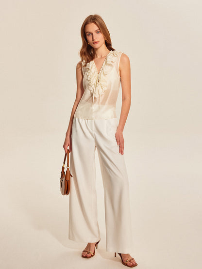 Semi-Sheer Ruffled Tie-Front Top