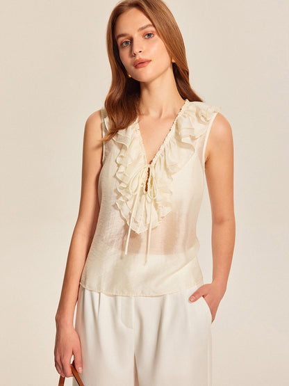 Semi-Sheer Ruffled Tie-Front Top