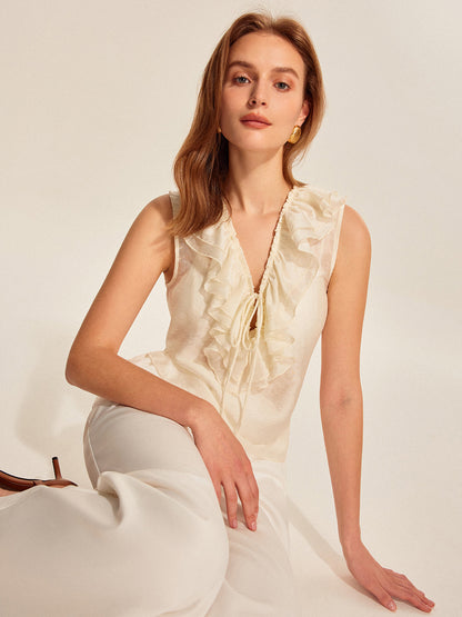 Semi-Sheer Ruffled Tie-Front Top