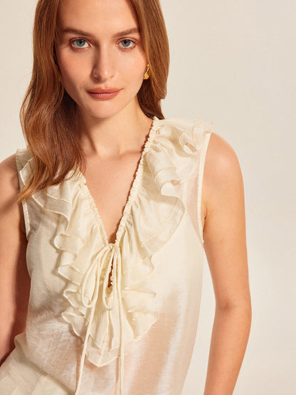 Semi-Sheer Ruffled Tie-Front Top