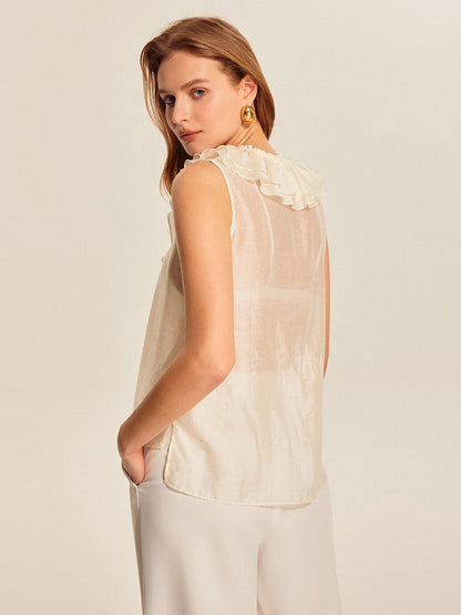 Semi-Sheer Ruffled Tie-Front Top