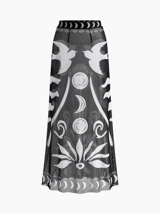 Sheer Printed Mesh Beach Cover-Up Skirt