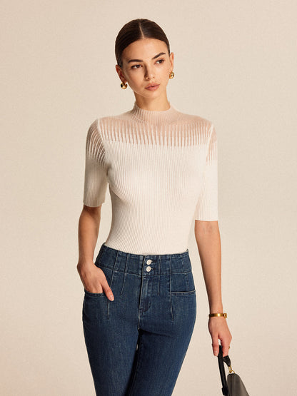 Sheer Ribbed Mock Neck Top