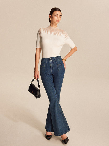 Sheer Ribbed Mock Neck Top