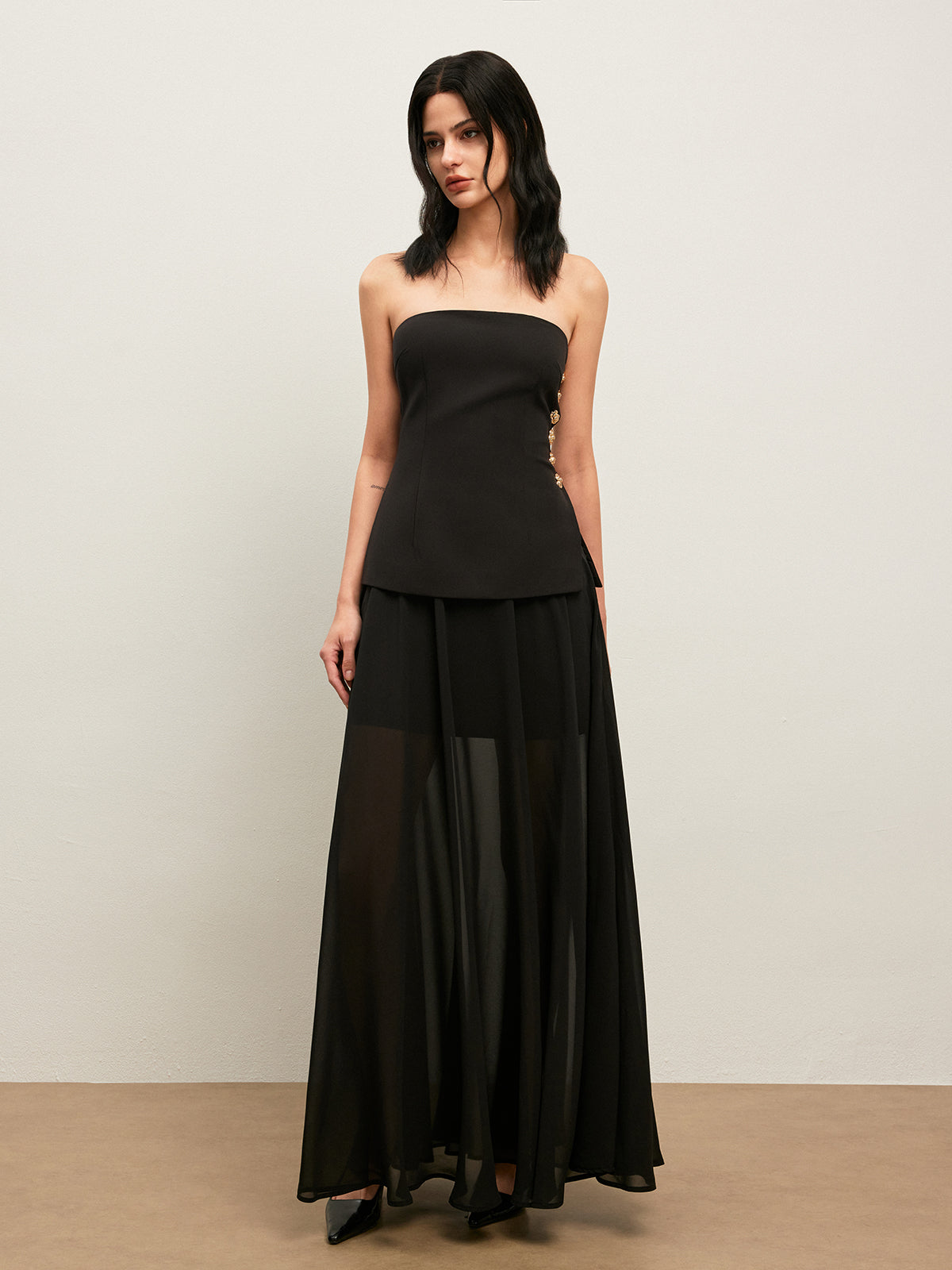 Side Button Detail Strapless Top