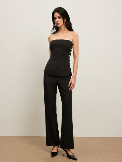Side Button Detail Strapless Top