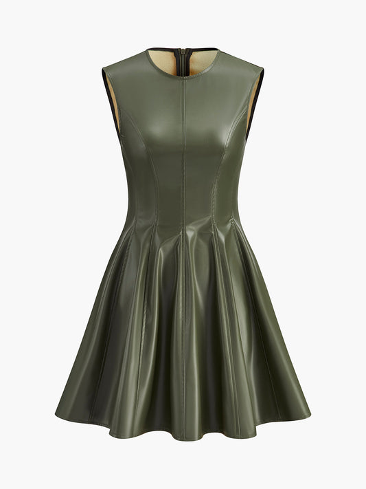 Sleeveless Pleated Faux Leather Short Dress