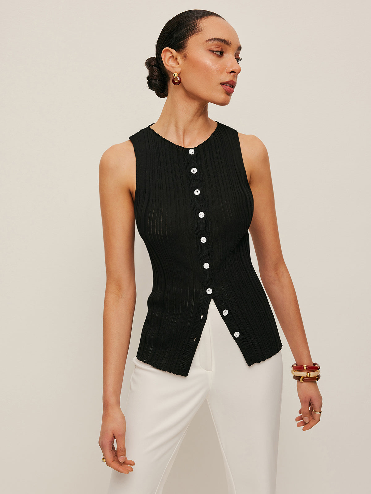 Sleeveless Ribbed Button-Front Top
