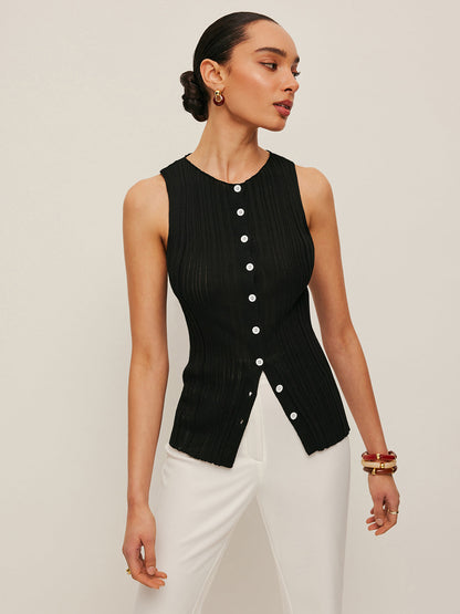 Sleeveless Ribbed Button-Front Top