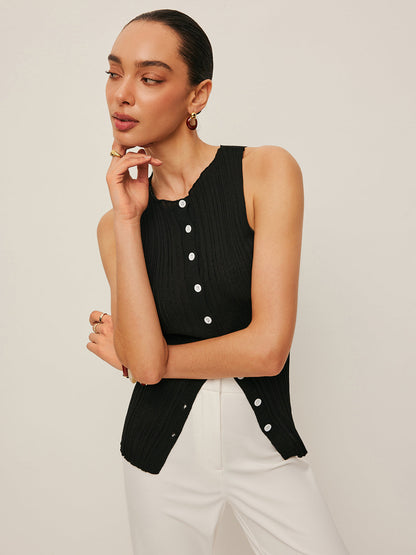 Sleeveless Ribbed Button-Front Top