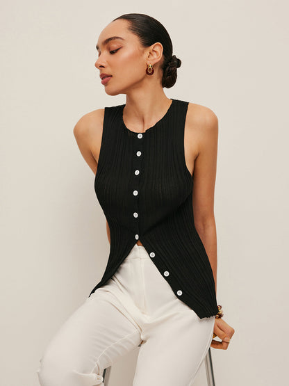 Sleeveless Ribbed Button-Front Top