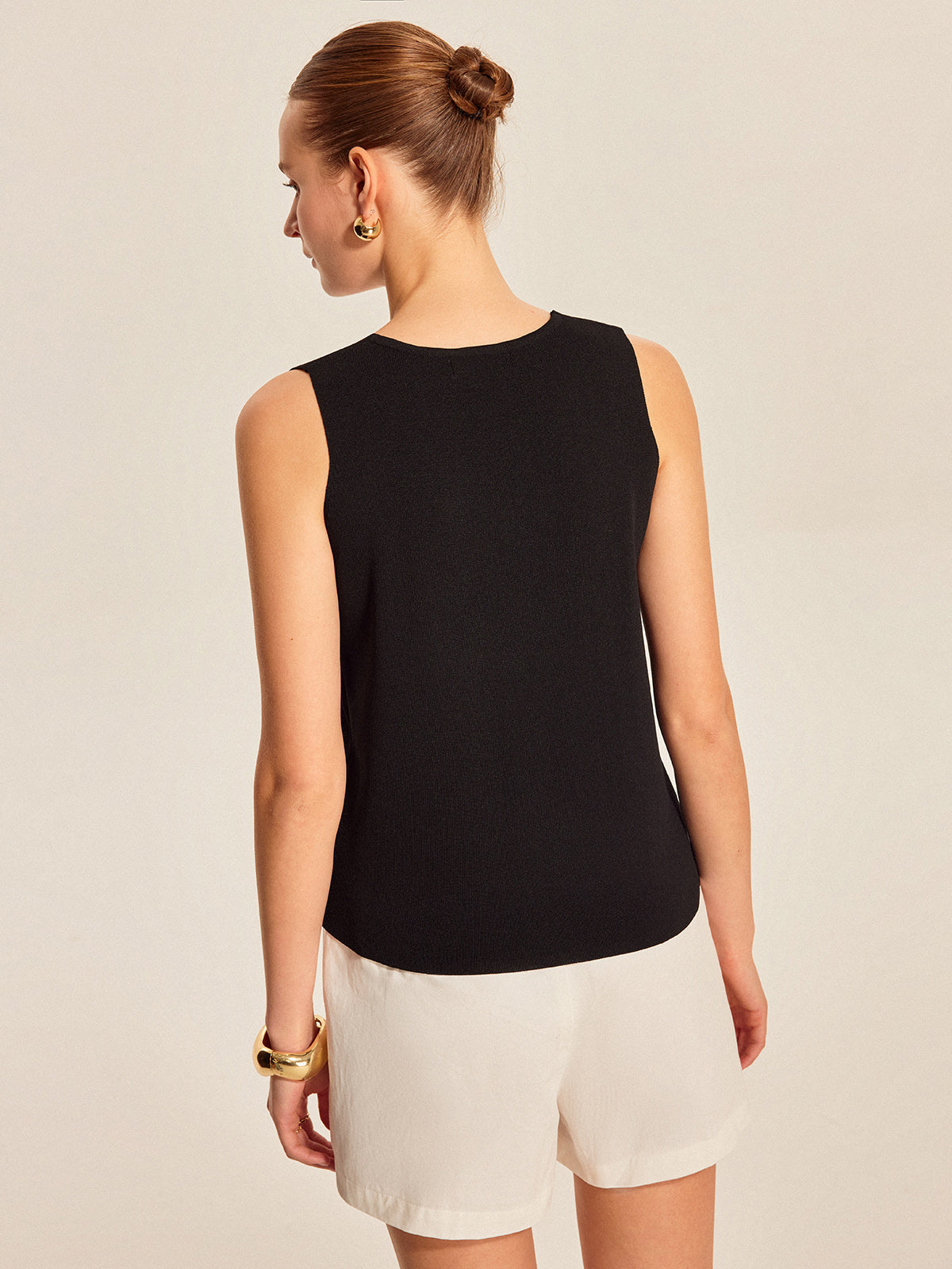 Sleeveless Ribbed Knit Button-Up Top