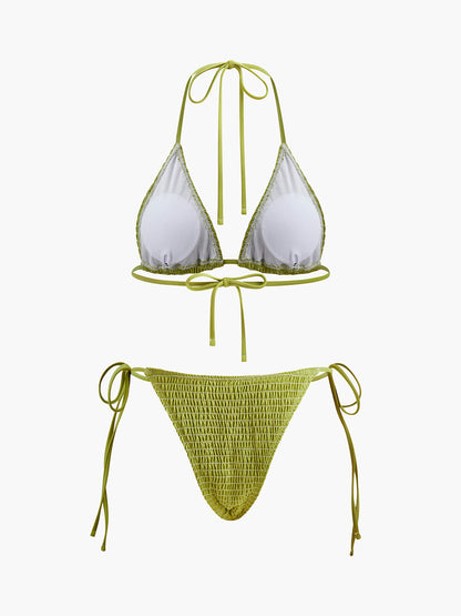 Smocked Triangle Bikini With Tie Straps