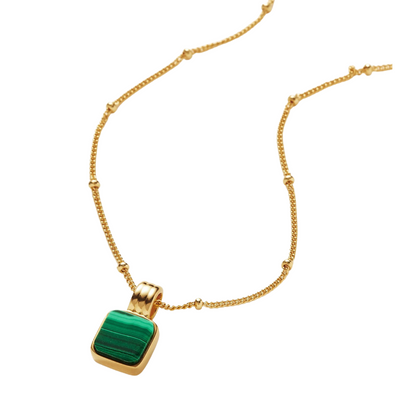Square Malachite Necklace, 925 Silver, 18K Gold Plated