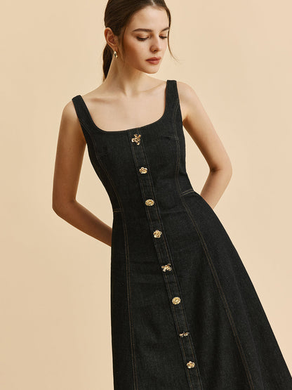 Square Neck Denim Button Dress