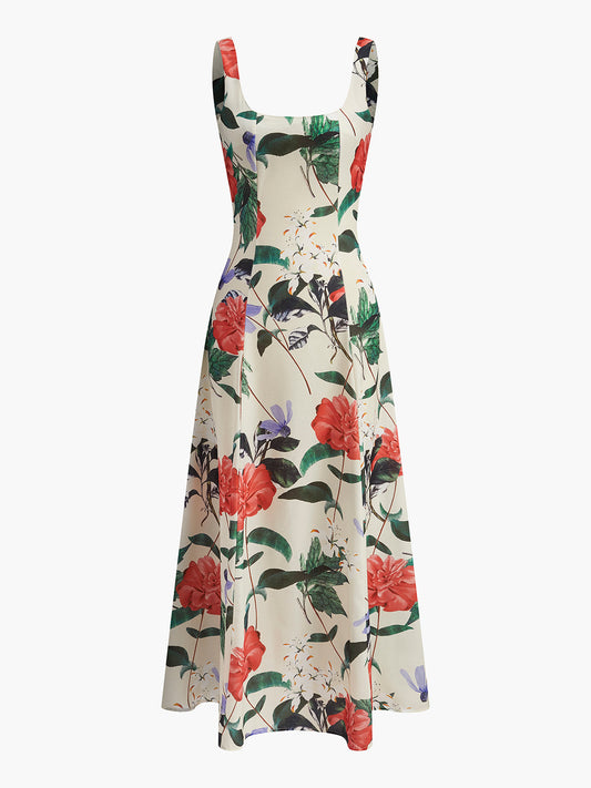 Square Neck Floral Print Zipper Dress