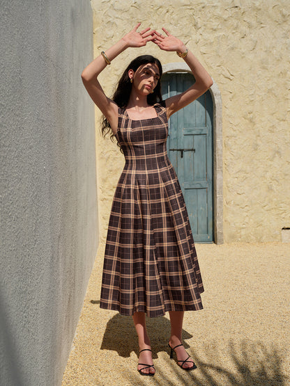 Square Neck Sleeveless Pleated Plaid Dress