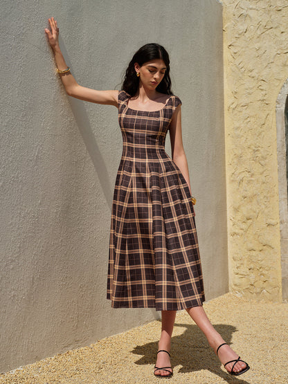 Square Neck Sleeveless Pleated Plaid Dress