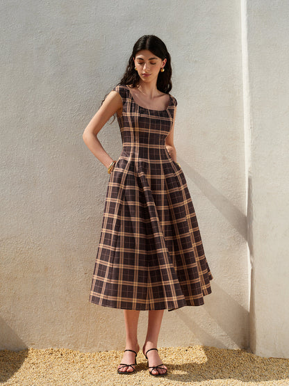 Square Neck Sleeveless Pleated Plaid Dress