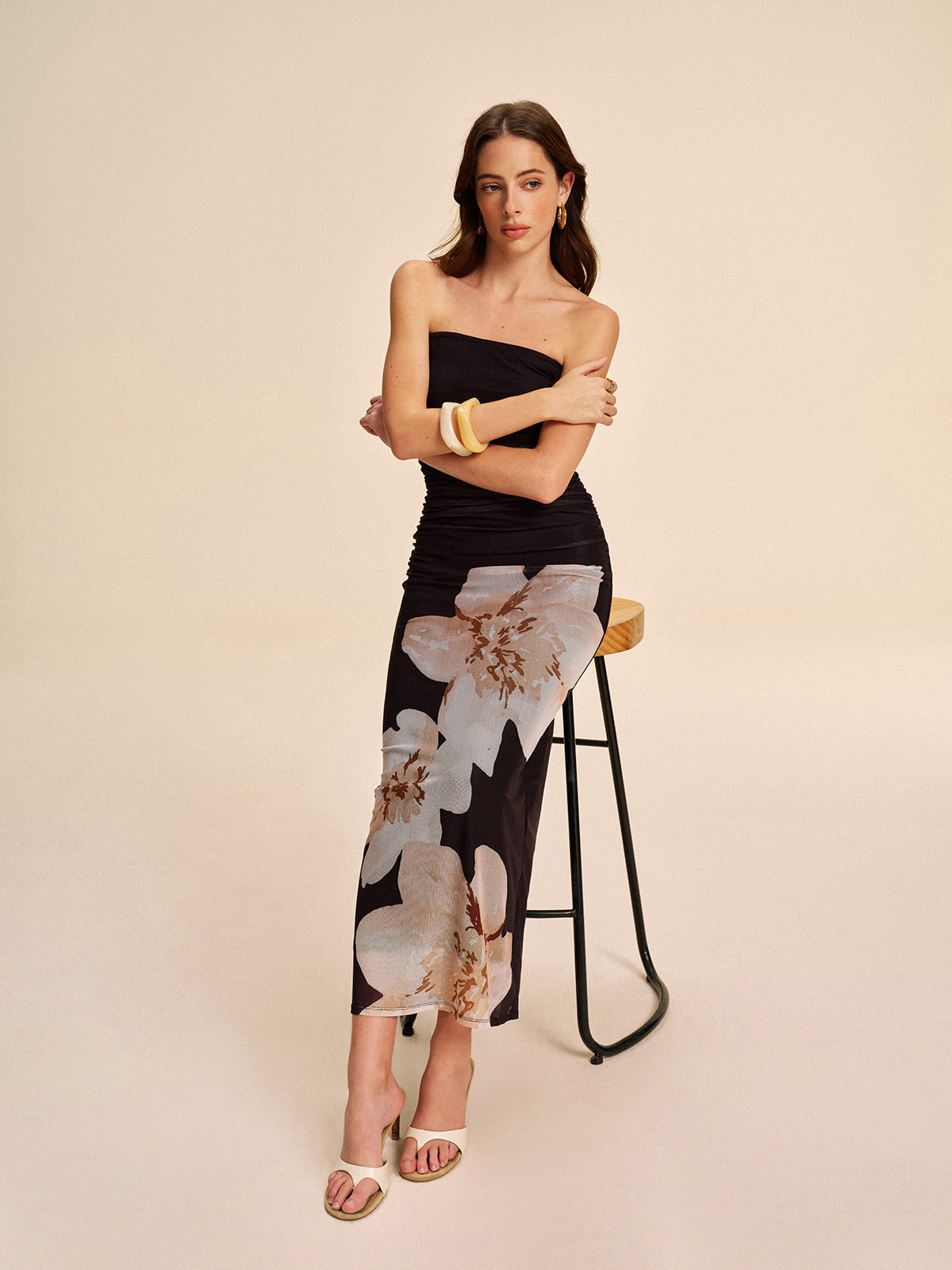 Strapless Ruched Floral Mesh Dress