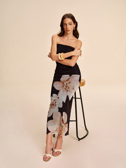 Strapless Ruched Floral Mesh Dress