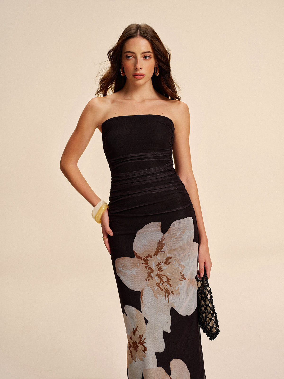 Strapless Ruched Floral Mesh Dress