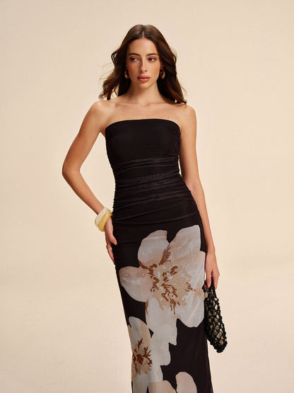 Strapless Ruched Floral Mesh Dress