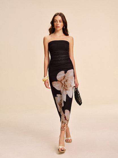 Strapless Ruched Floral Mesh Dress