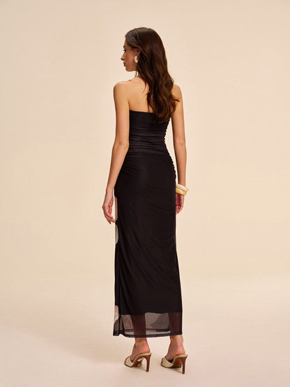 Strapless Ruched Floral Mesh Dress