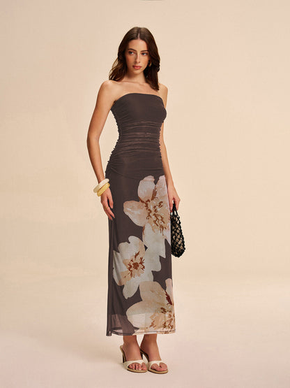 Strapless Ruched Floral Mesh Dress
