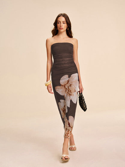 Strapless Ruched Floral Mesh Dress