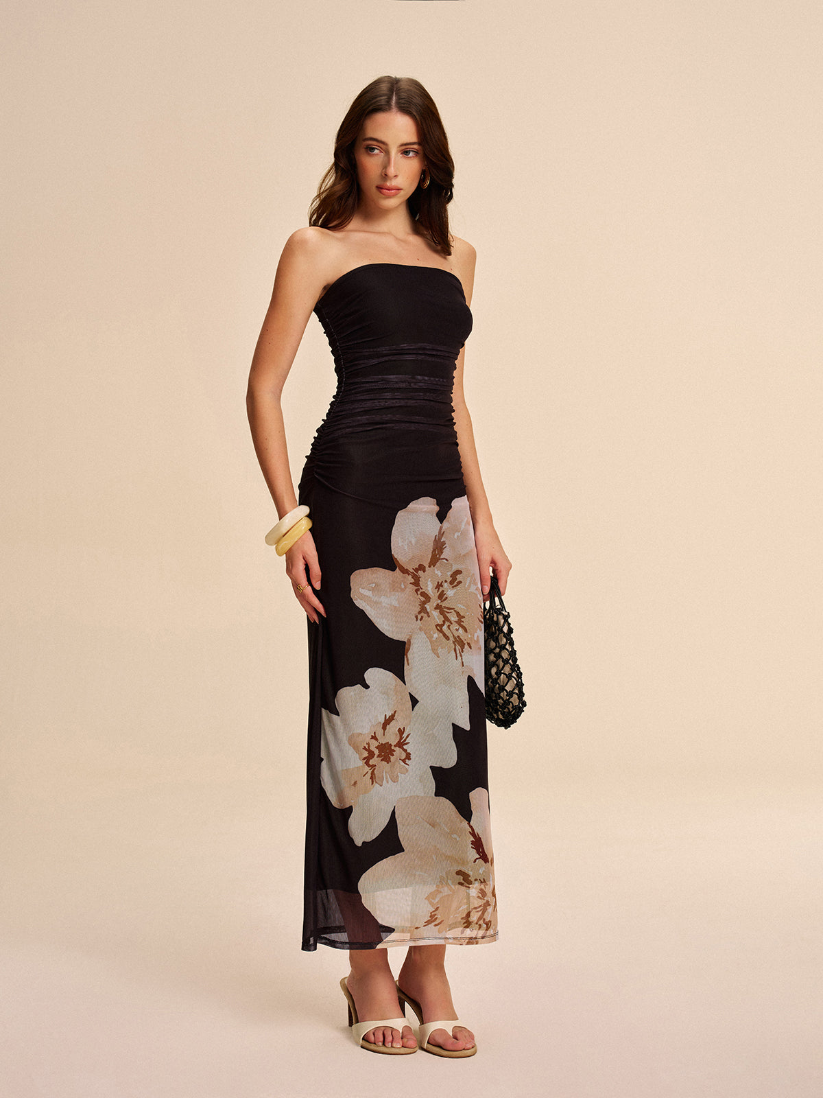 Strapless Ruched Floral Mesh Dress