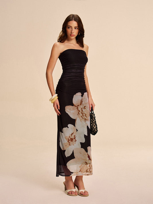 Strapless Ruched Floral Mesh Dress