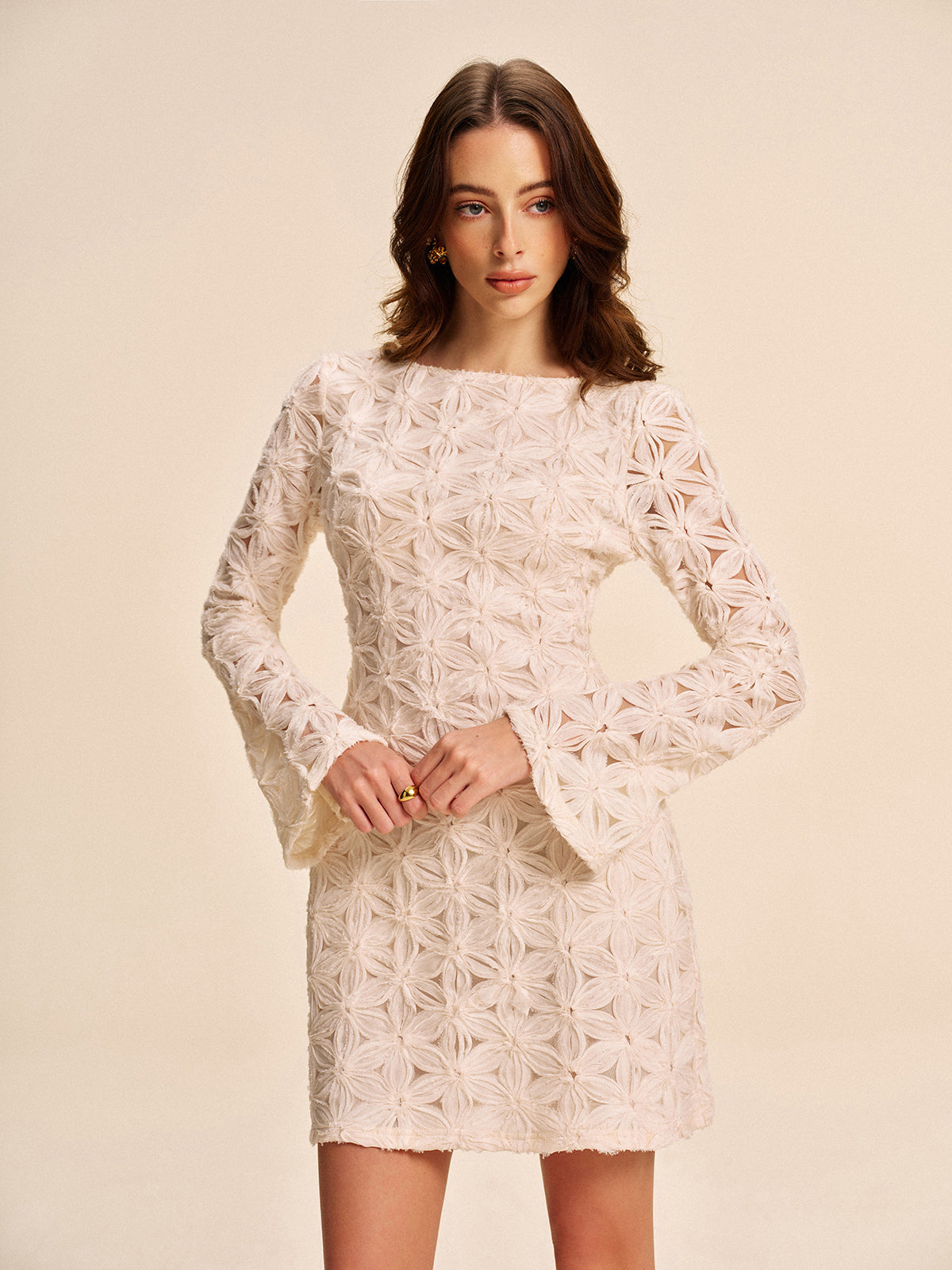Textured Floral Lace Long Sleeve Dress