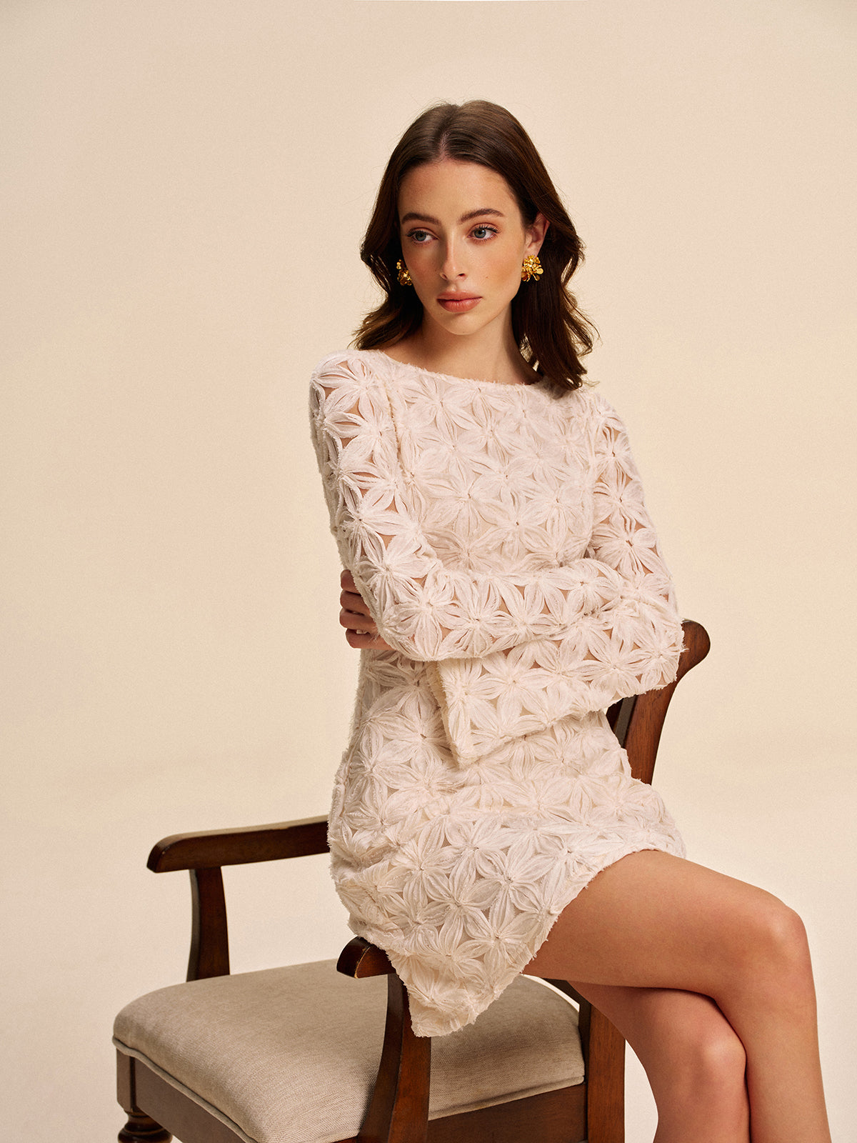Textured Floral Lace Long Sleeve Dress
